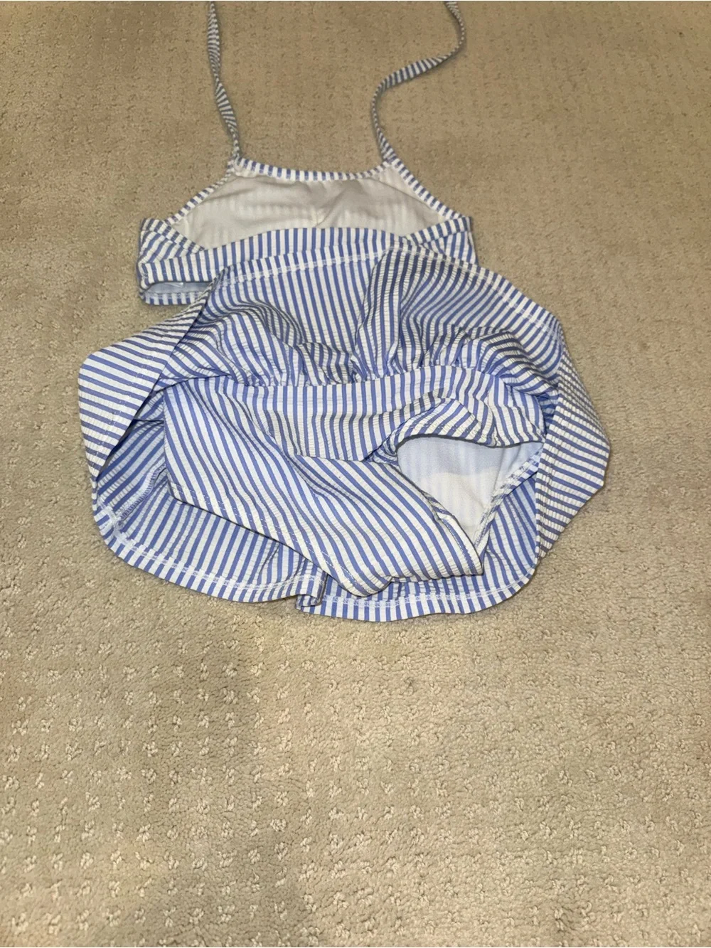 Ruffle Butts blue and white seersucker swimsuit with pink bow 3T